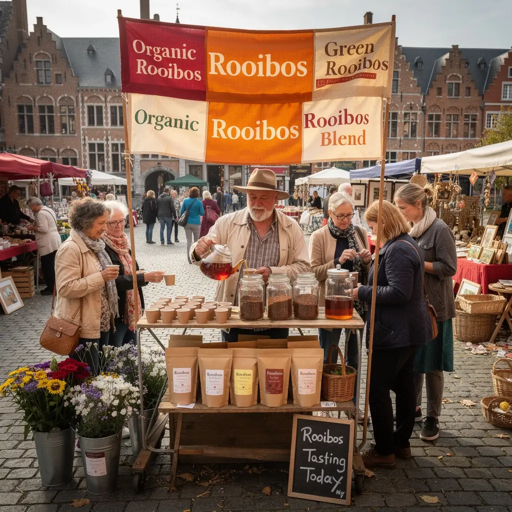 Tasse de rooibos rouge avec une infusion dorée, posée sur une table en bois.