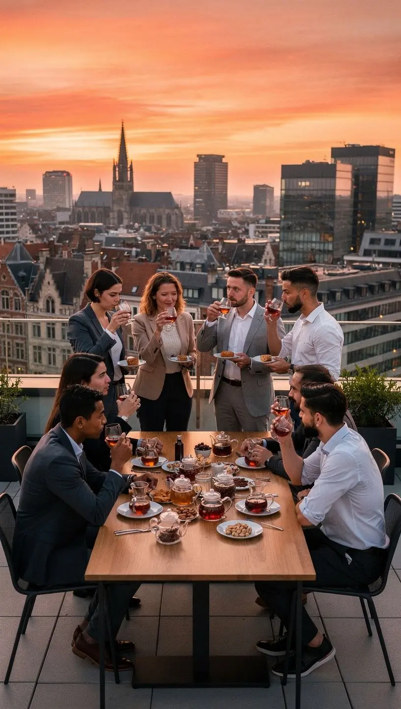 Élégante théière en porcelaine avec du rooibos, entourée de tasses décoratives.